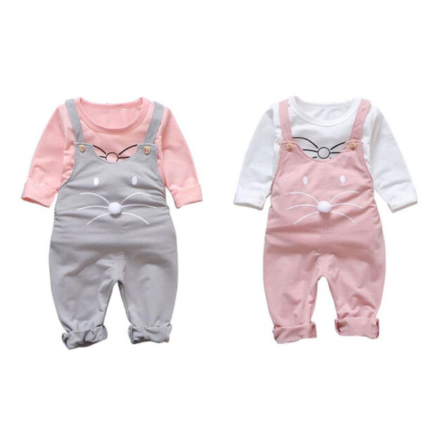 Mouse Print Overalls with Pom Pom Nose & Matching Shirt Long Sleeve