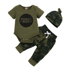 Baby Mummy's Boy Print T-Shirt, Camouflage Pants, Beanie Hat 3 pcs Outfit