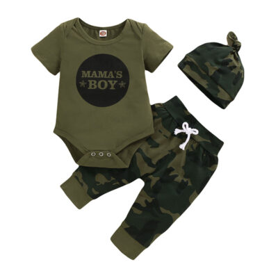 Baby Mummy's Boy Print T-Shirt, Camouflage Pants, Beanie Hat 3 pcs Outfit