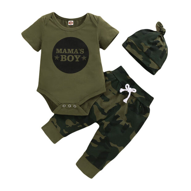 Baby Mummy's Boy Print T-Shirt, Camouflage Pants, Beanie Hat 3 pcs Outfit