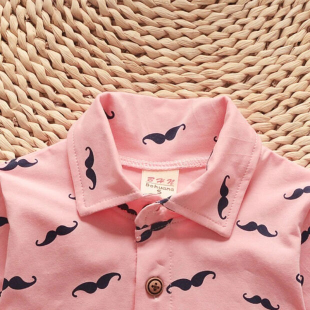 Mustache Print Button Up Shirt & Elastic Pants Short Sleeve - Image 2