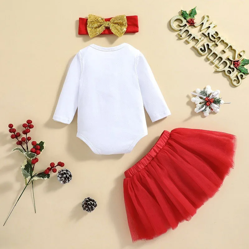My First Christmas Onesie & Gold Ribbon Tutu with Matching Headband Long Sleeve - Image 2