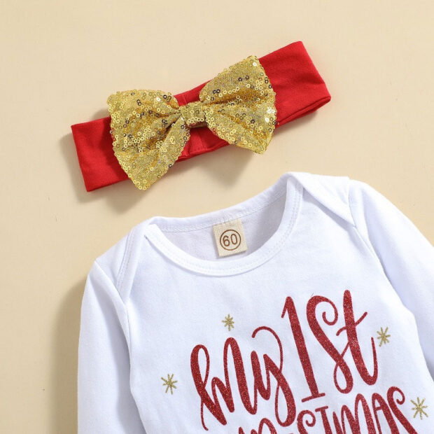 My First Christmas Onesie & Gold Ribbon Tutu with Matching Headband Long Sleeve - Image 3