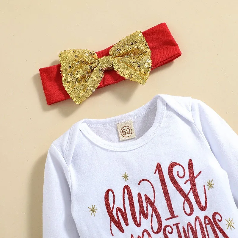 My First Christmas Onesie & Gold Ribbon Tutu with Matching Headband Long Sleeve - Image 3