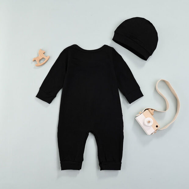 Long Sleeve Letter Print New to the Crew Romper with Checker Bow Tie & Beanie Hat - Image 2