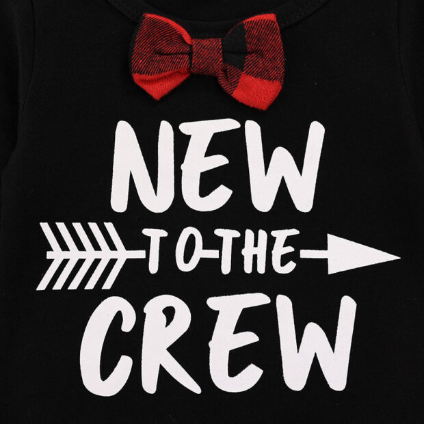 Long Sleeve Letter Print New to the Crew Romper with Checker Bow Tie & Beanie Hat - Image 4