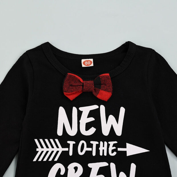 Long Sleeve Letter Print New to the Crew Romper with Checker Bow Tie & Beanie Hat - Image 3
