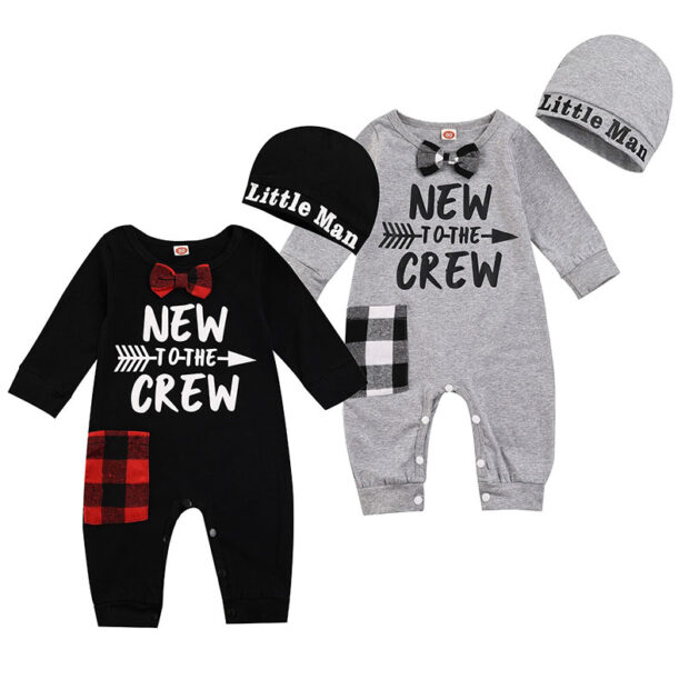 Long Sleeve Letter Print New to the Crew Romper with Checker Bow Tie & Beanie Hat