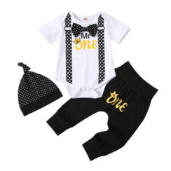 Number One Print Suspender Onesie & Elastic Pants Long Sleeve with Bow Tie & Beanie Hat