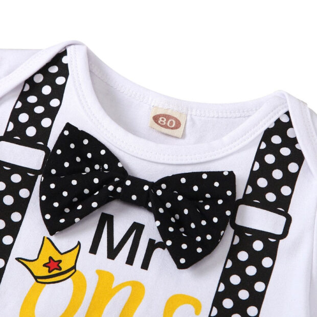 Number One Print Suspender Onesie & Elastic Pants Long Sleeve with Bow Tie & Beanie Hat - Image 2