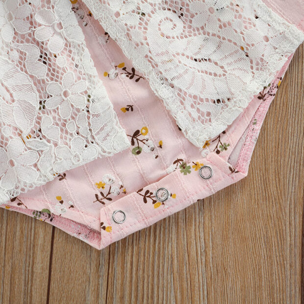 Off Shoulder Flower Pattern Romper with Lace Ribbon & Matching Headband - Image 4