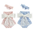 Off Shoulder Flower Pattern Romper with Lace Ribbon & Matching Headband