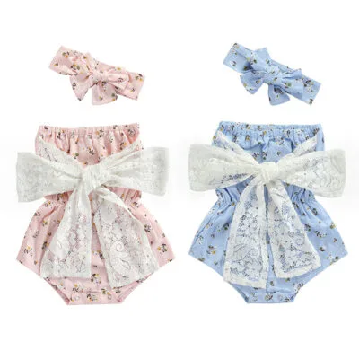 Off Shoulder Flower Pattern Romper with Lace Ribbon & Matching Headband