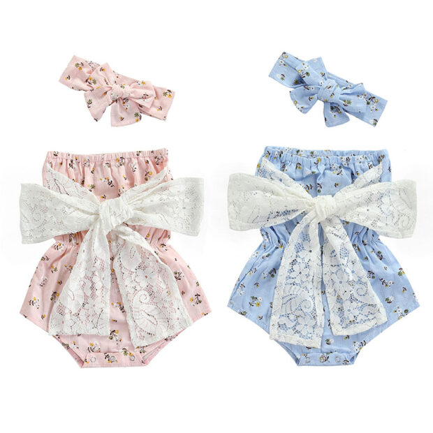 Baby Off Shoulder Flower Pattern Romper with Lace Ribbon