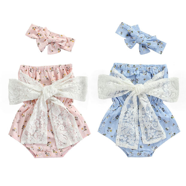 Off Shoulder Flower Pattern Romper with Lace Ribbon & Matching Headband