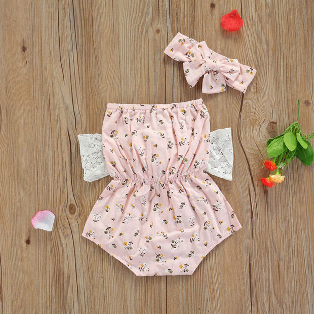Off Shoulder Flower Pattern Romper with Lace Ribbon & Matching Headband - Image 2