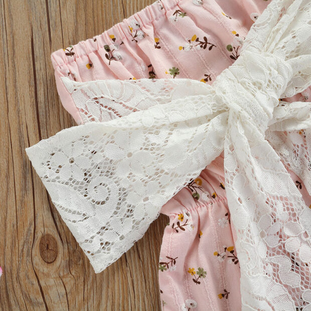 Off Shoulder Flower Pattern Romper with Lace Ribbon & Matching Headband - Image 3