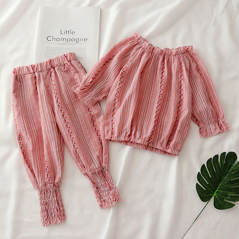 Baby Girl Cherry Stripe Off Shoulder Top, Harem Pants Long Sleeve 2 pcs Set - Image 2