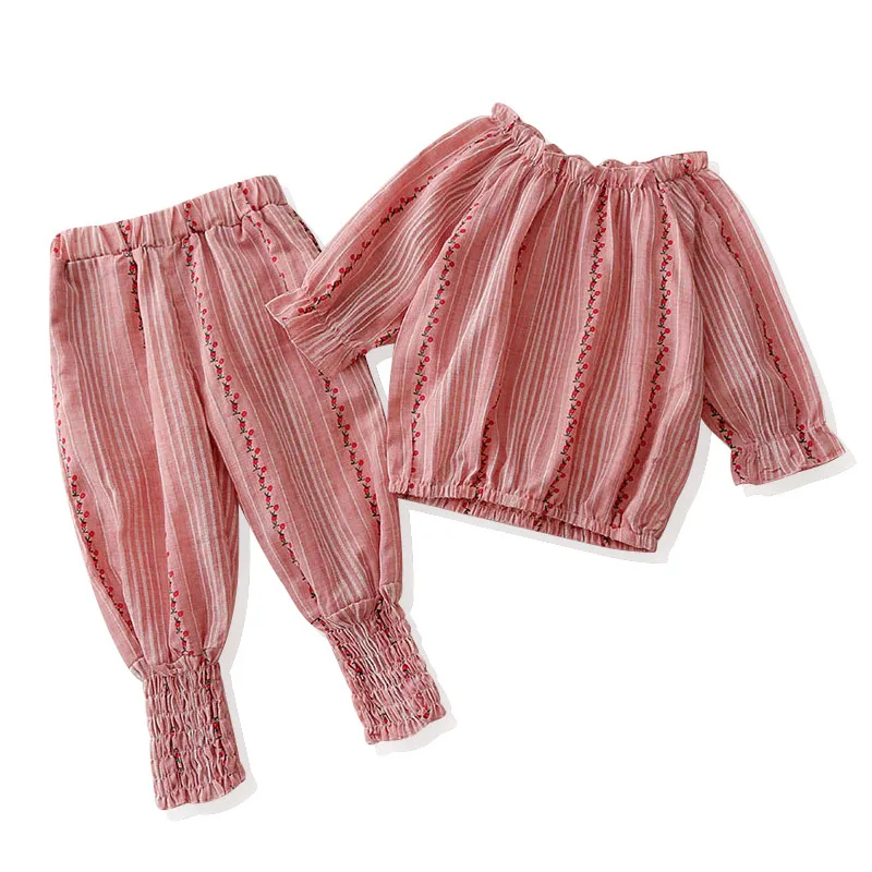 Baby Girl Cherry Stripe Off Shoulder Top, Harem Pants Long Sleeve 2 pcs Set