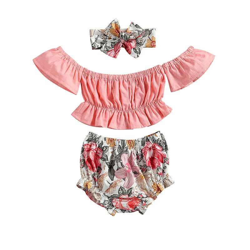 Off Shoulder Plain Top & Flower Pattern Bloomers with Matching Headband Short Sleeve
