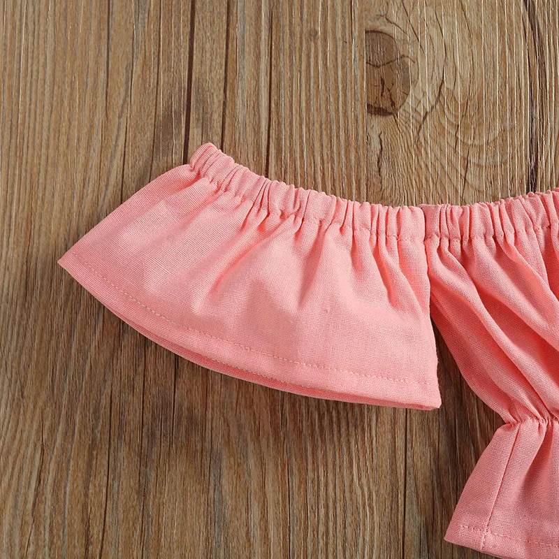 Off Shoulder Plain Top & Flower Pattern Bloomers with Matching Headband Short Sleeve - Image 2