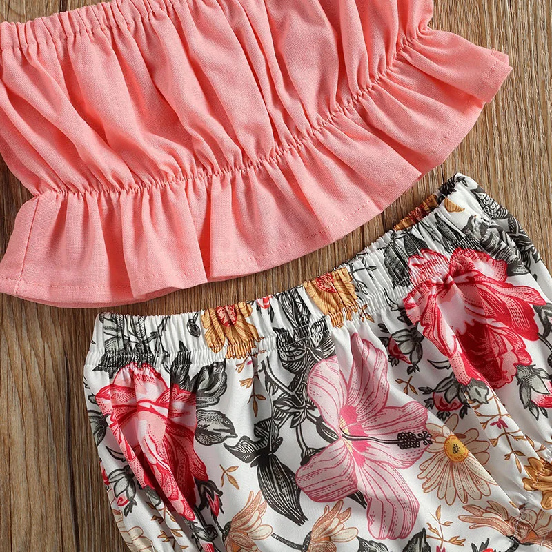 Off Shoulder Plain Top & Flower Pattern Bloomers with Matching Headband Short Sleeve - Image 3