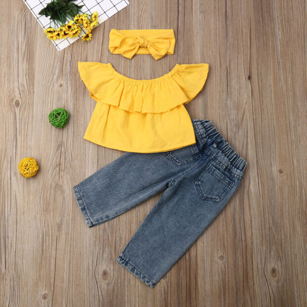 Off Shoulder Solid Crop Top & Ripped Denim Jeans with Ribbon Headband Outfit - Image 2