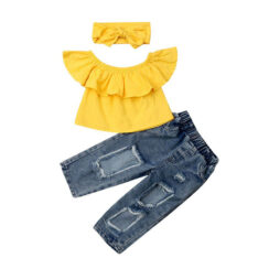 Off Shoulder Solid Crop Top & Ripped Denim Jeans with Ribbon Headband Outfit