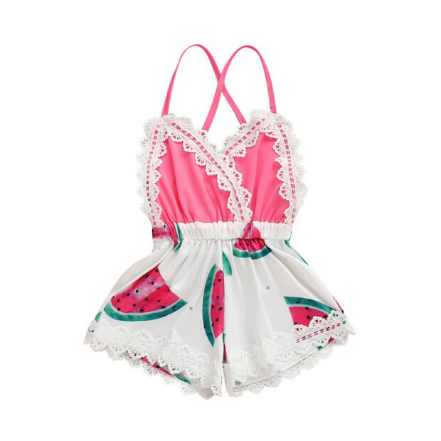Open Back Watermelon Print Strap Romper Sleeveless