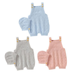 Open Holes Pattern Overalls Romper with Beanie Hat Short Sleeve