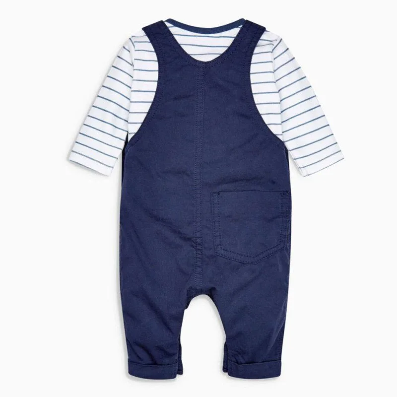 Baby Boy's Overall Suspenders Pants Puppy Applique and Long Sleeve Stripe Bodysuit - Image 2