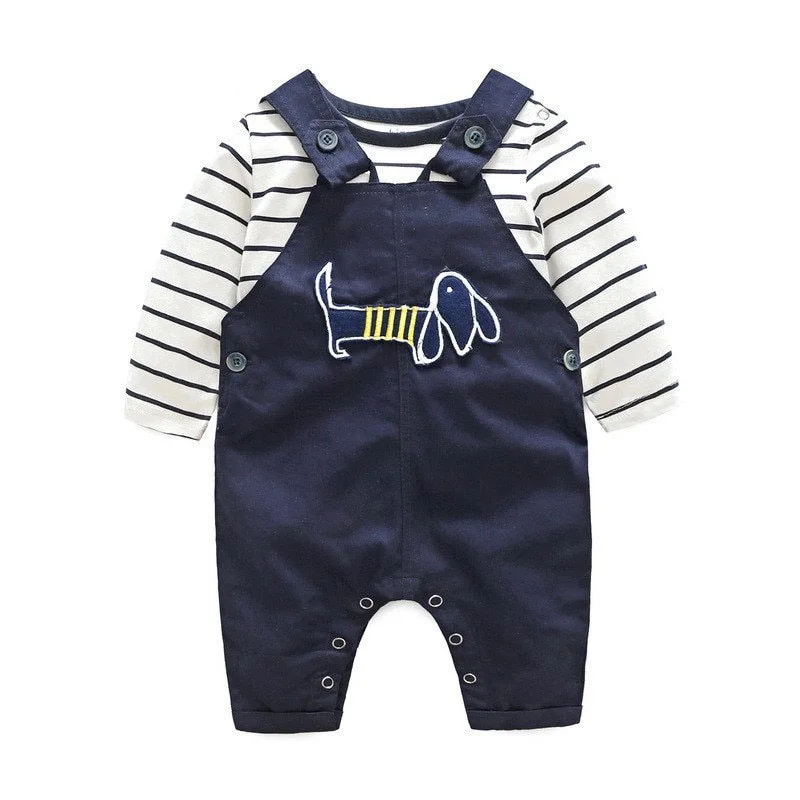 Baby Boy's Overall Suspenders Pants Puppy Applique and Long Sleeve Stripe Bodysuit