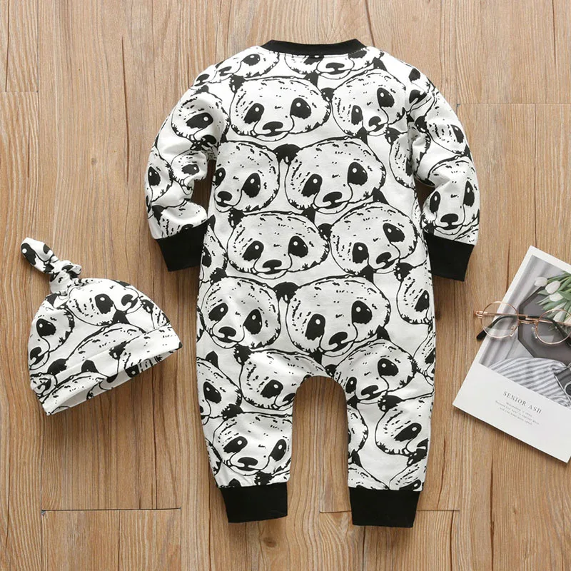 Baby Panda Print Sleeper Jumpsuit Long Sleeve with Beanie Hat - Image 2