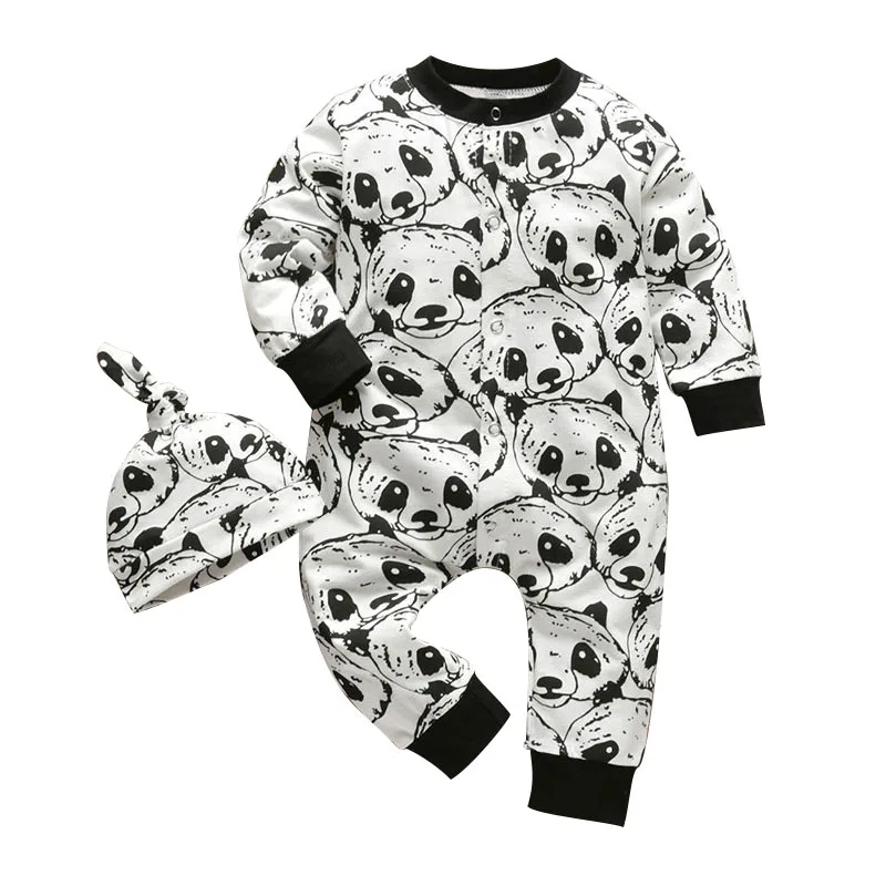 Baby Panda Print Sleeper Jumpsuit Long Sleeve with Beanie Hat