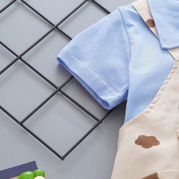 Piggy Embroidery Overalls & Plain Color Polo Shirt Short Sleeve Outfit - Image 4
