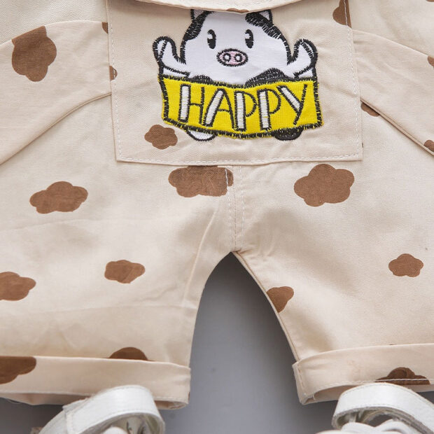Piggy Embroidery Overalls & Plain Color Polo Shirt Short Sleeve Outfit - Image 5