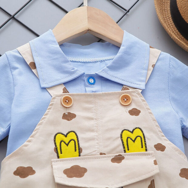 Piggy Embroidery Overalls & Plain Color Polo Shirt Short Sleeve Outfit - Image 3
