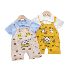 Piggy Embroidery Overalls & Plain Color Polo Shirt Short Sleeve Outfit