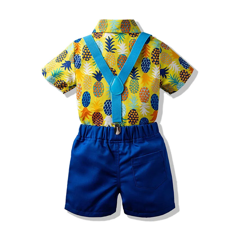 Pineapple Print Button Shirt & Suspenders Shorts Short Sleeve with Bow Tie - Image 3
