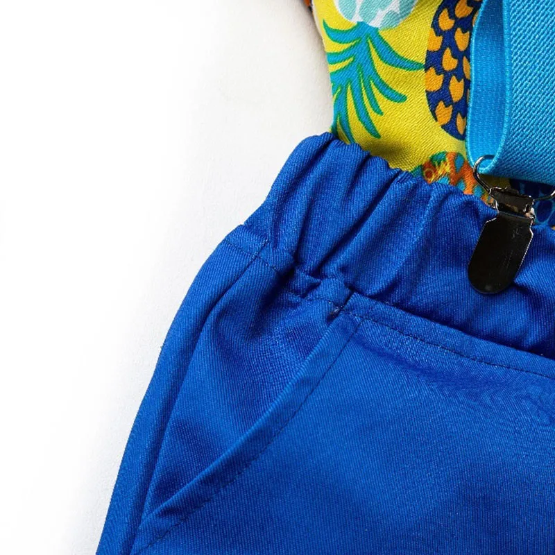 Pineapple Print Button Shirt & Suspenders Shorts Short Sleeve with Bow Tie - Image 7