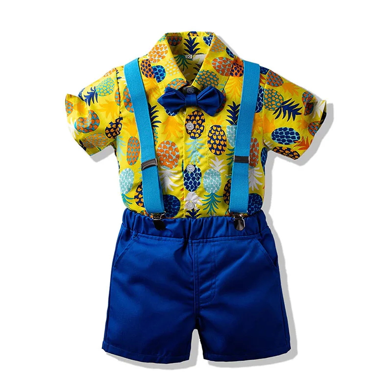 Pineapple Print Button Shirt & Suspenders Shorts Short Sleeve with Bow Tie - Image 2