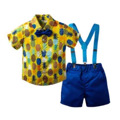 Pineapple Print Button Shirt & Suspenders Shorts Short Sleeve with Bow Tie