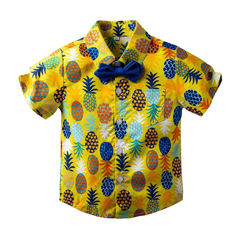Pineapple Print Button Shirt & Suspenders Shorts Short Sleeve with Bow Tie - Image 4