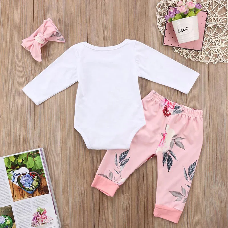 "Little Sister" Long Sleeves Bodysuit Pink Floral Pants Ribbon Headband - Image 3