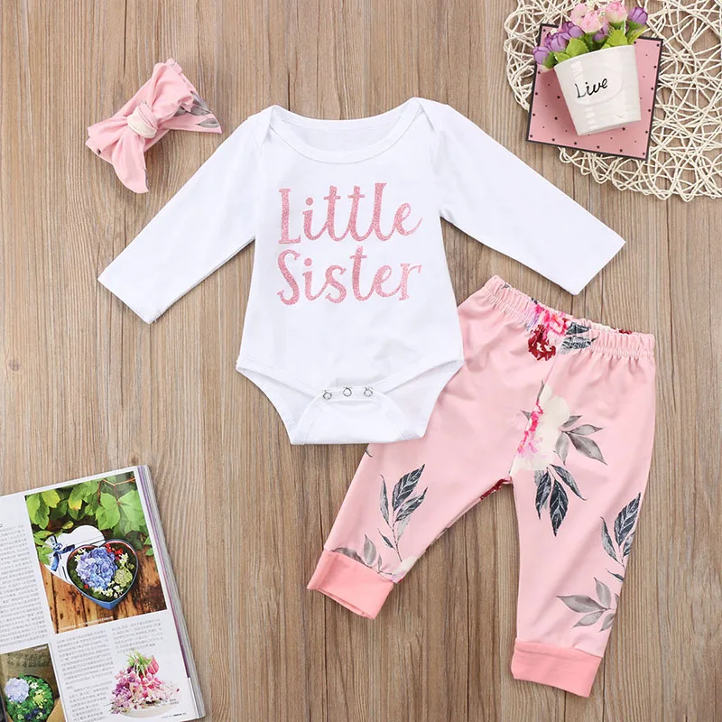 "Little Sister" Long Sleeves Bodysuit Pink Floral Pants Ribbon Headband - Image 2