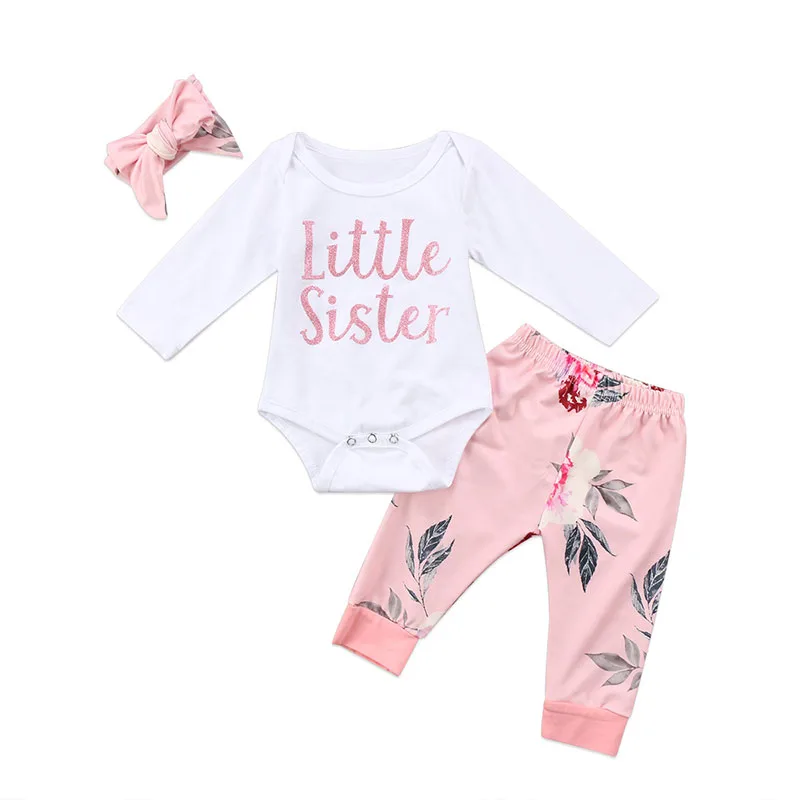 "Little Sister" Long Sleeves Bodysuit Pink Floral Pants Ribbon Headband