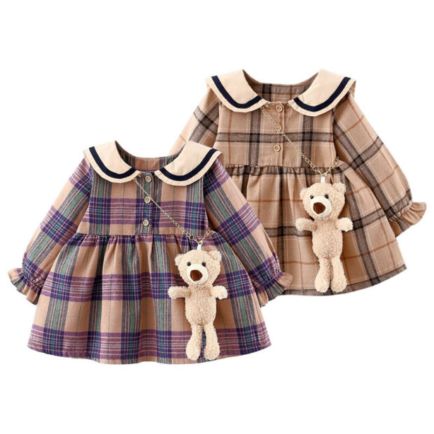 Baby Plaid Pattern Dress with Teddy Bear Plush