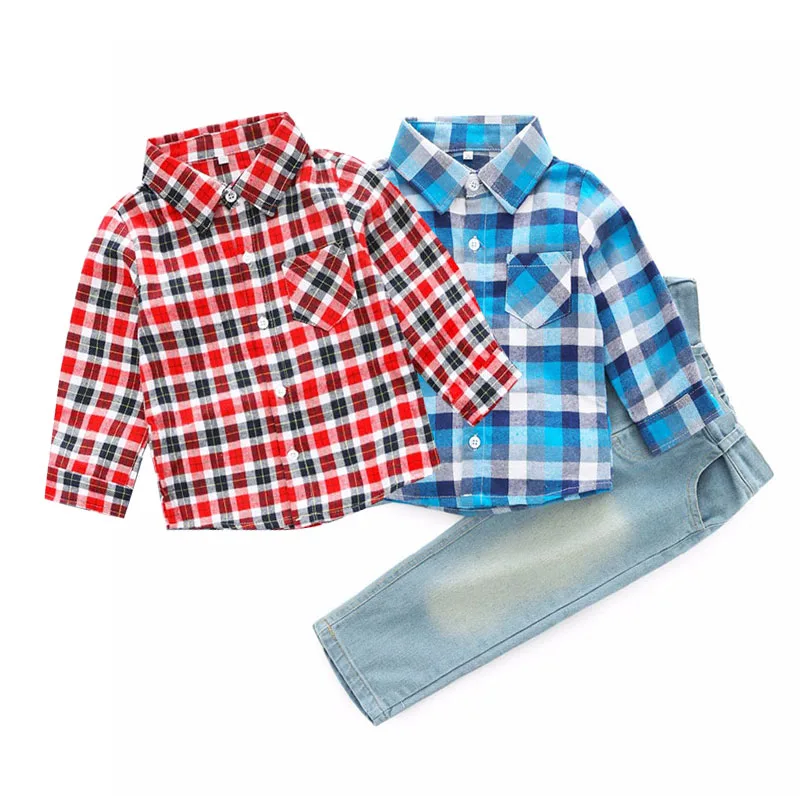 Baby Boy Plaid Pattern Button Up Shirt & Jeans Long Sleeve 2 pcs Set
