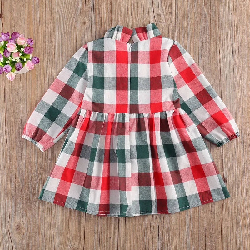 Plaid Pattern Dress Stand Up Collar with Ribbon Long Sleeve - Image 2