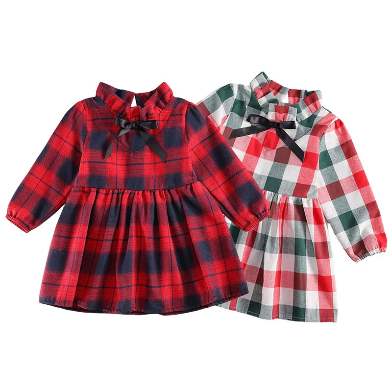 Plaid Pattern Dress Stand Up Collar with Ribbon Long Sleeve